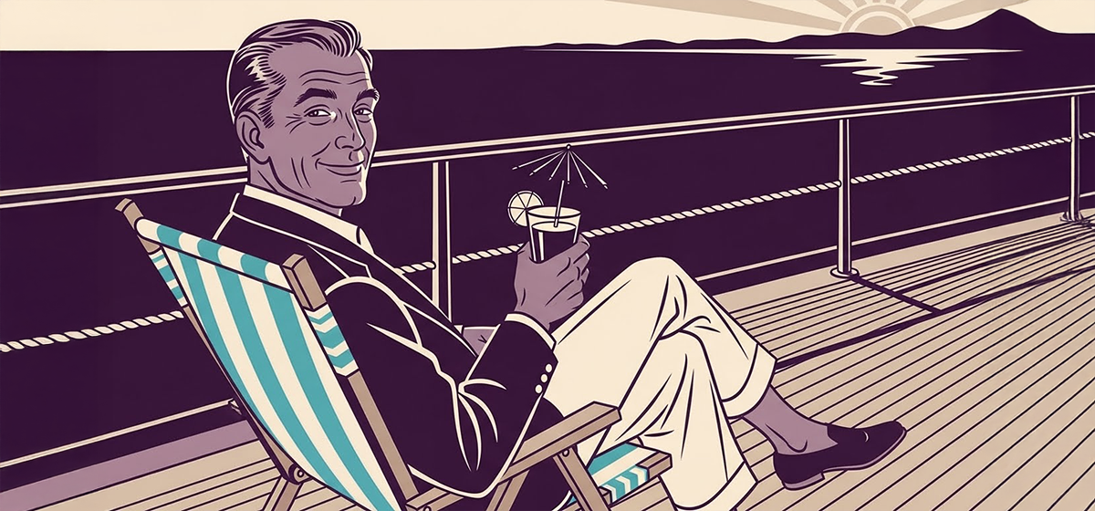 An illustration of a man sitting on the deck of a yacht and enjoying a beverage