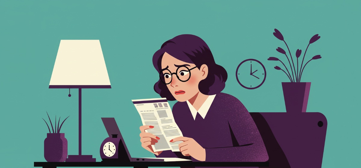 A woman with a worried expression on her face is looking at a credit card bill