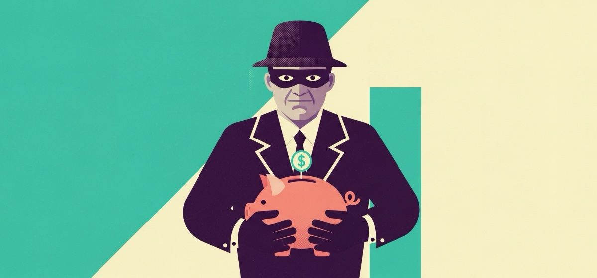 An illustration of a robber holding a piggy bank
