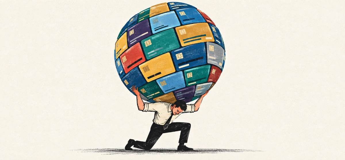 a person holding up a globe made out of credit cards