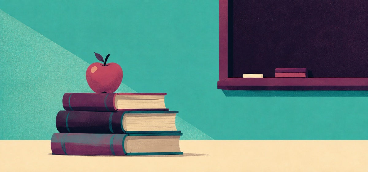 an apple sitting on a stack of school books in a classroom