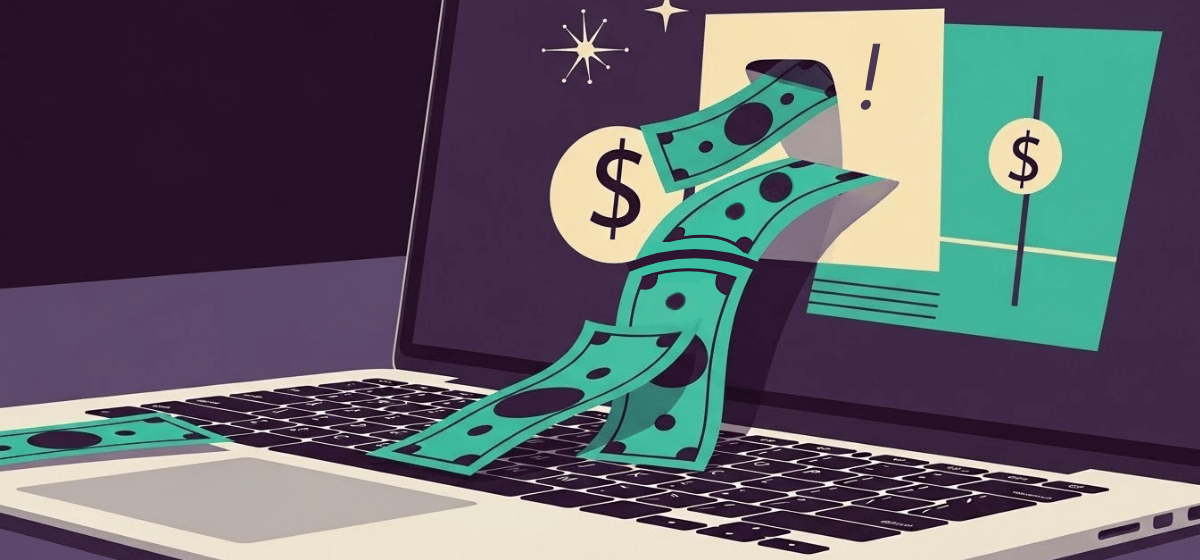 An illustration of money coming out of a laptop screen