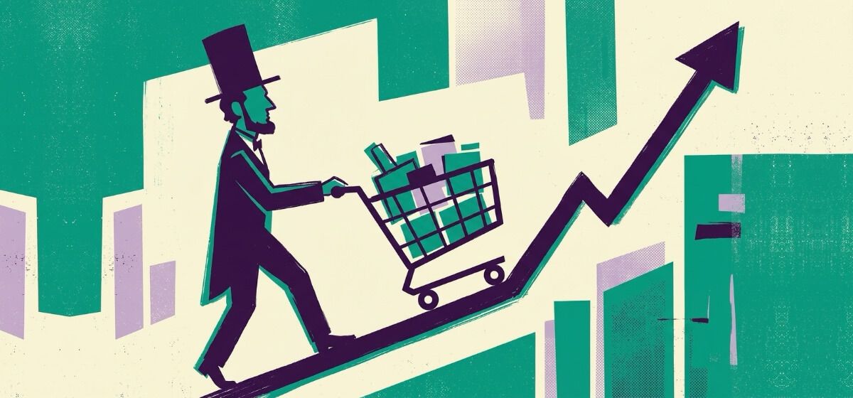Abe Lincoln pushing a grocery cart up a rising trendline