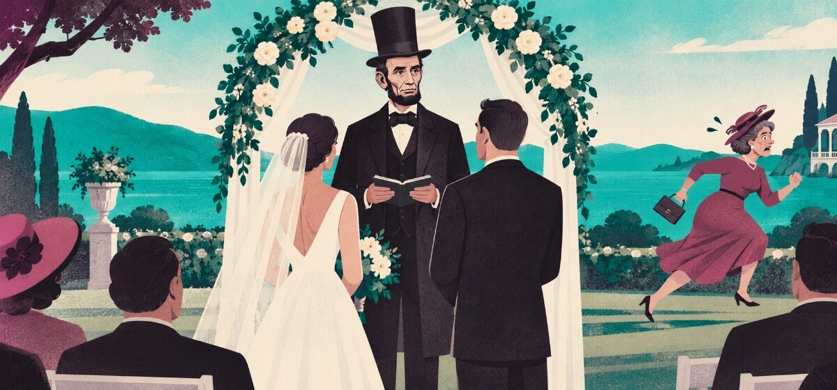 Abraham Lincoln officiating a wedding but in the background the bride's mother is running away