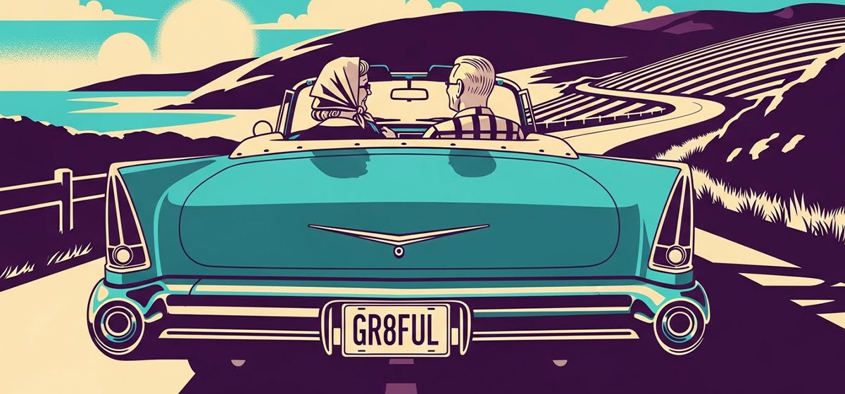 Retired couple driving a convertible