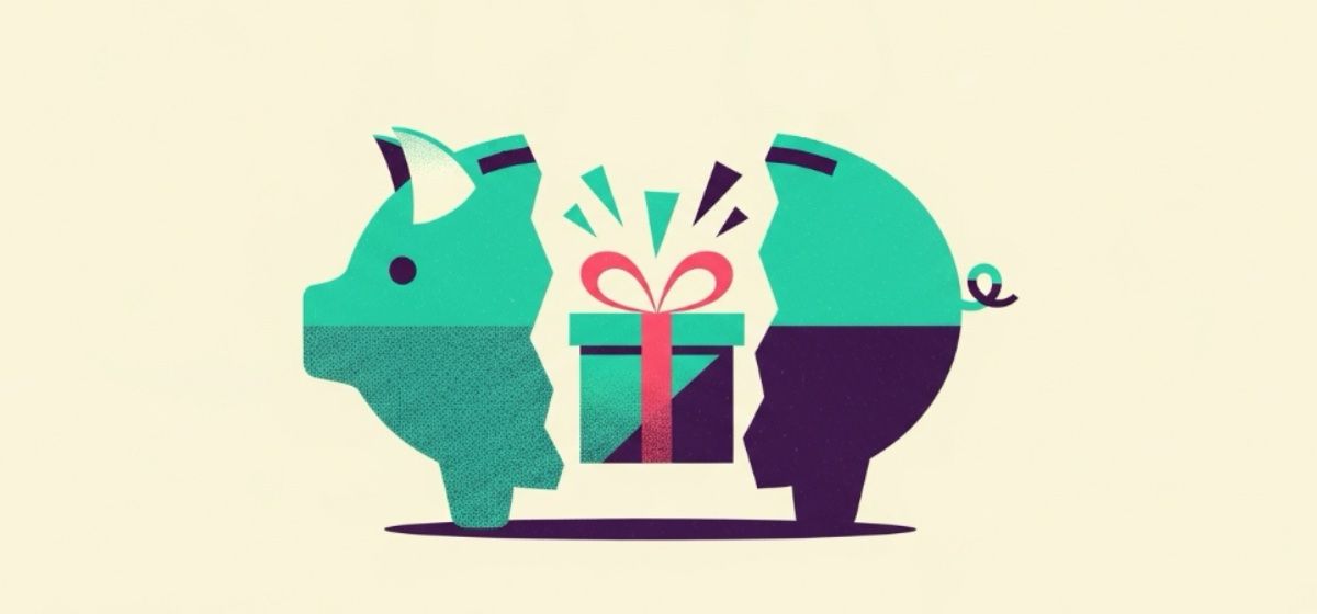 An illustration of a piggy bank broken in two pieces and a gift box in the middle of them