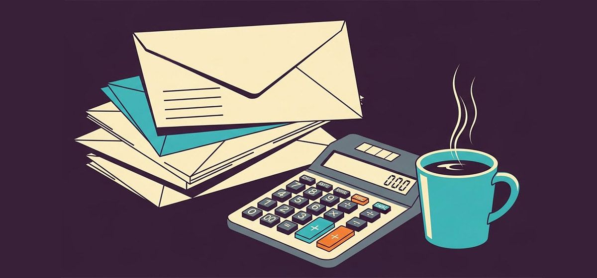 a pile of bills next to a calculator and cup of coffee