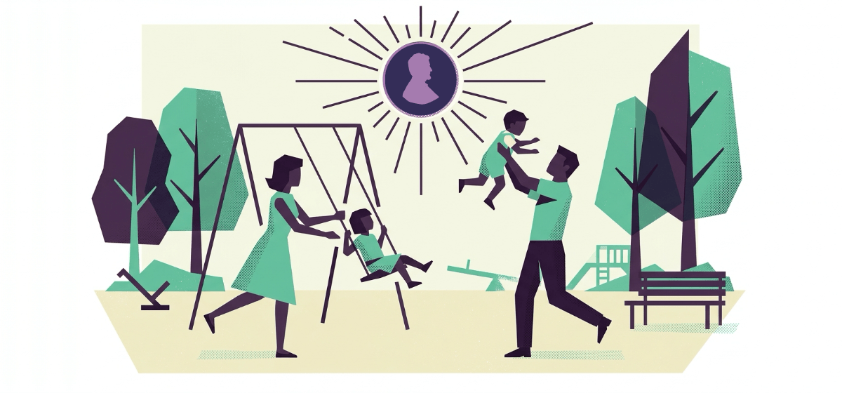 a family playing in the park with the Penny Hoarder logo as the sun shining above them