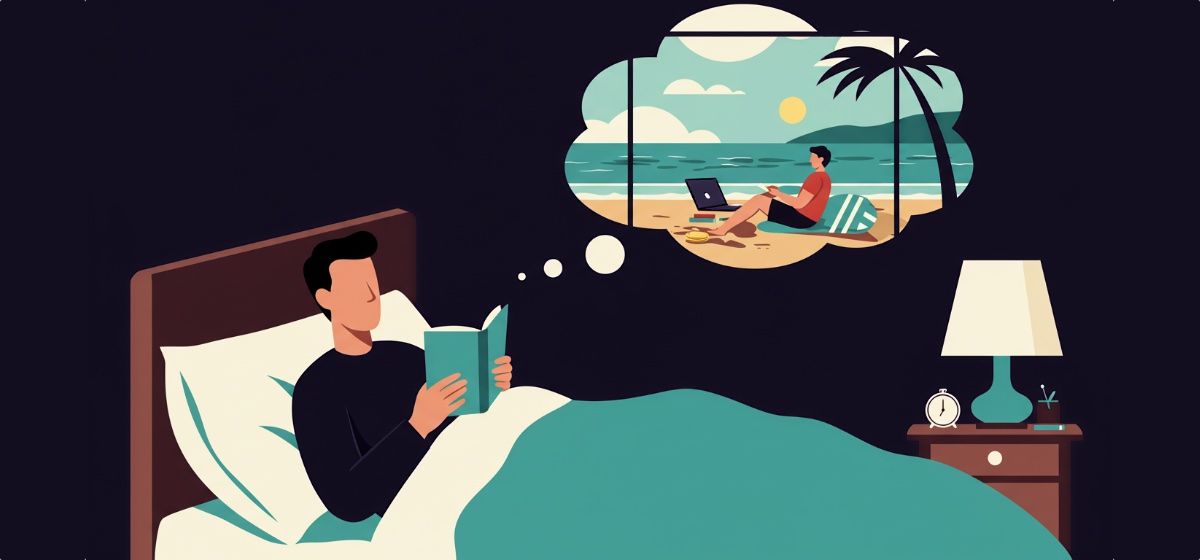An illustration of man sitting up in bed holding a book with a thought bubble depicting a beach scene