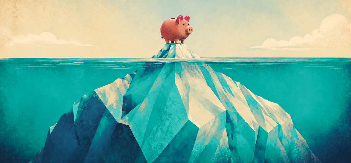 a piggy bank atop an iceberg