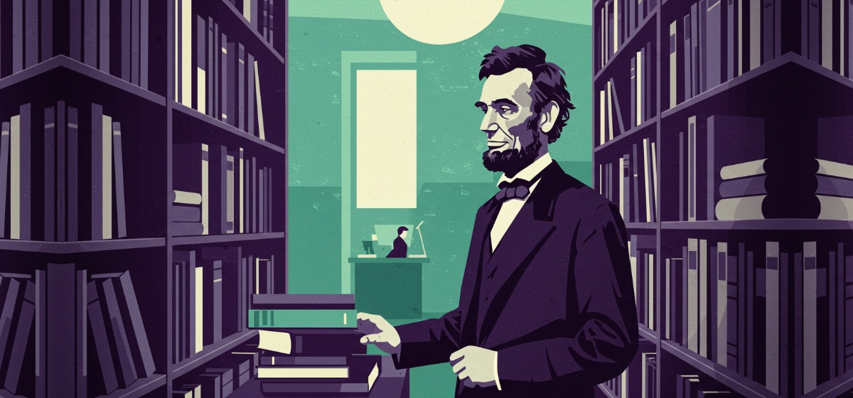 Abraham Lincoln finding books in a library