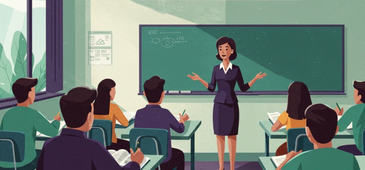 Illustration of a woman teaching a class of students