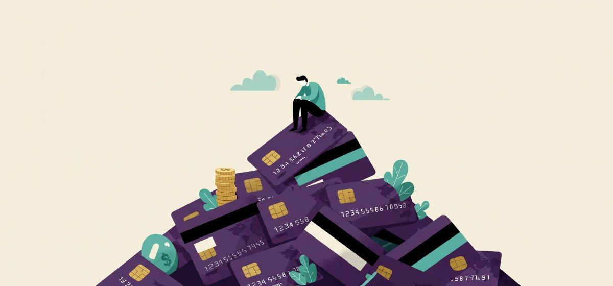 A man sitting on top of a mountain made of credit cards