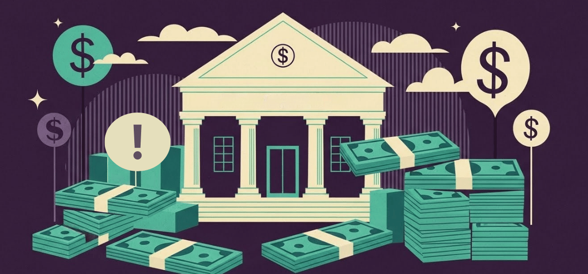 A bank with stacks of money in front of it