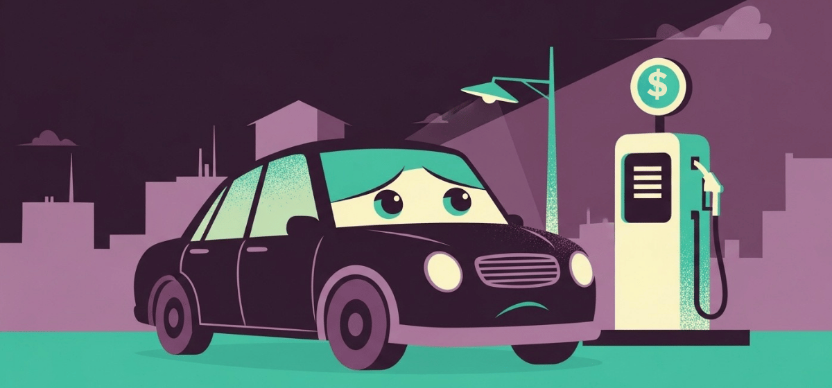An illustration of a car with sad eyes next to a pump at a gas station