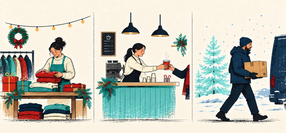 a triptych of holiday workers