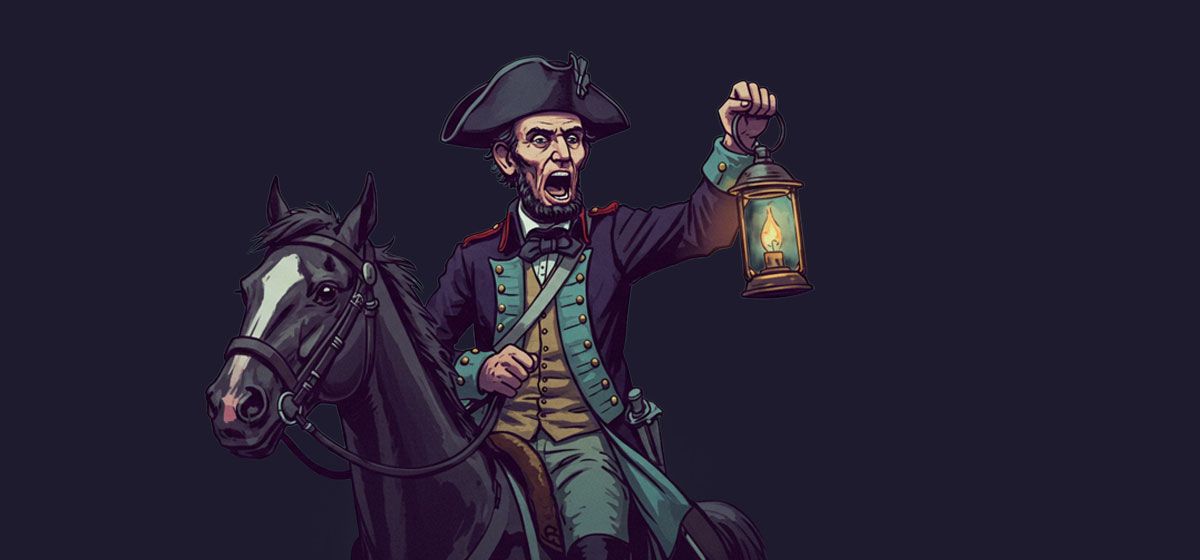 Paul Revere on a horse announcing 