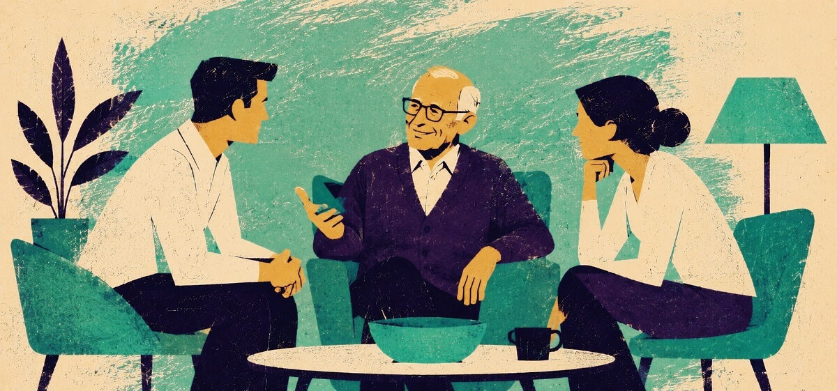 two adult children discussing finances with their elderly father