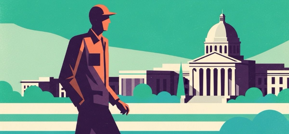 a worker walking past a college campus