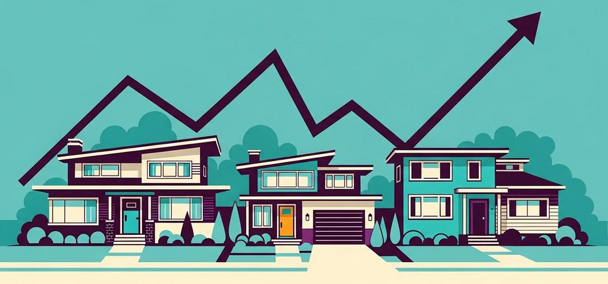 a row of houses with a rising trendline in the background