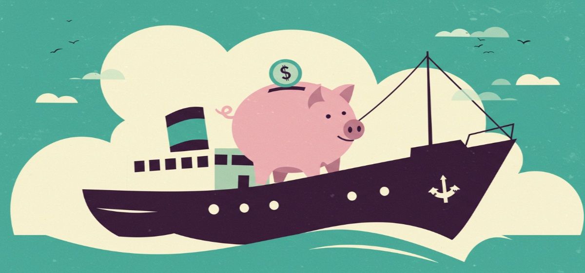 An illustration of a piggy bank on a boat