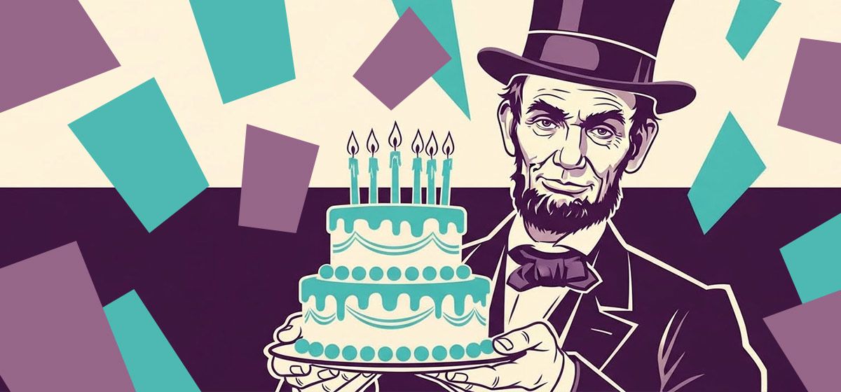 An illustration of Abraham Lincoln holding a birthday cake