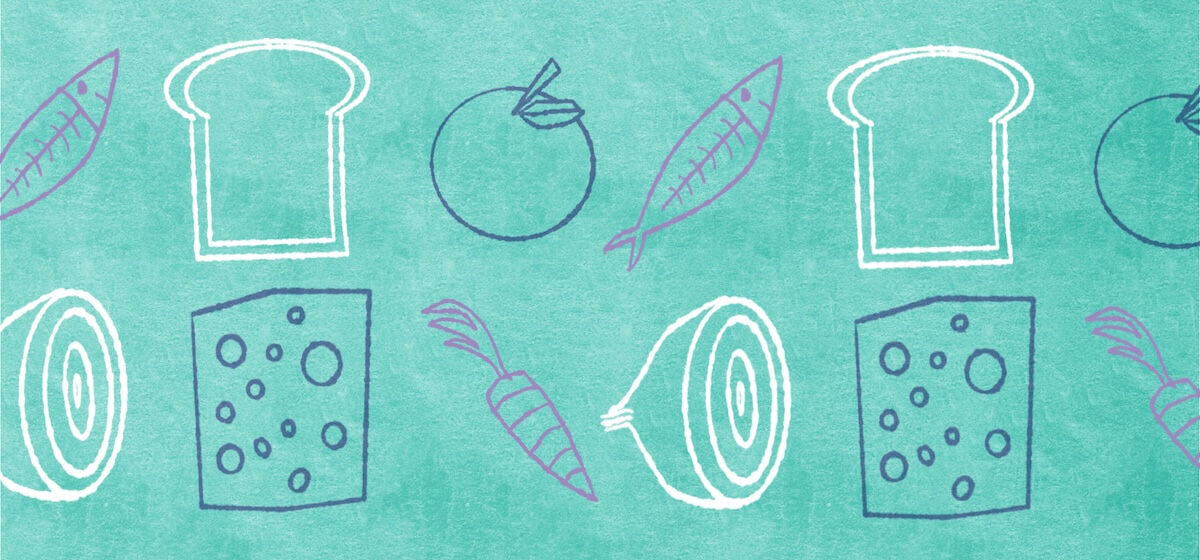 an illustration of bread, cheese, produce, fish
