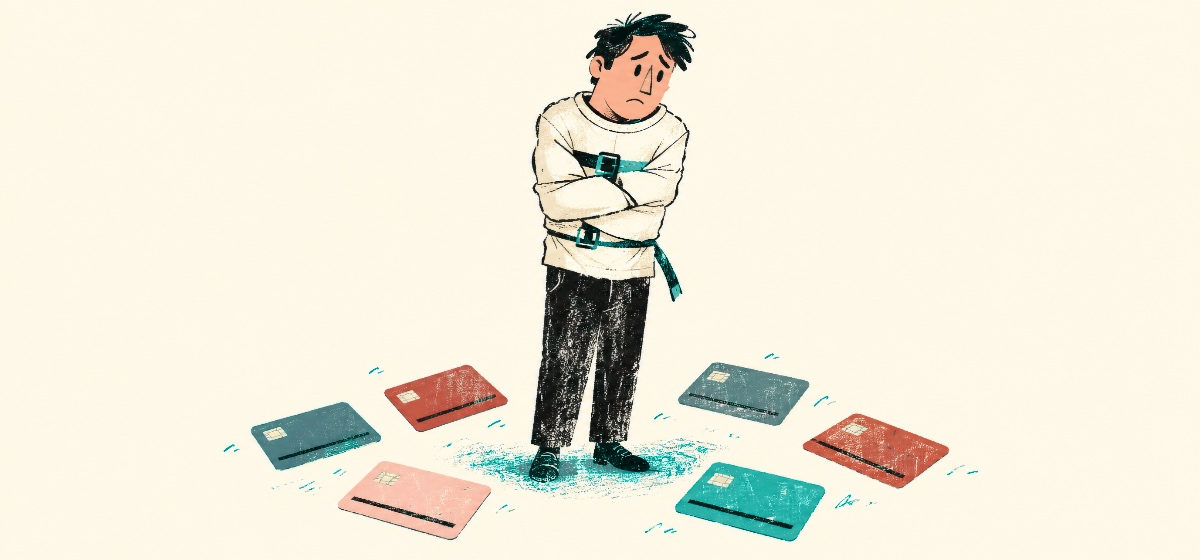 a person in a straight jacket with credit cards scattered on the ground around them
