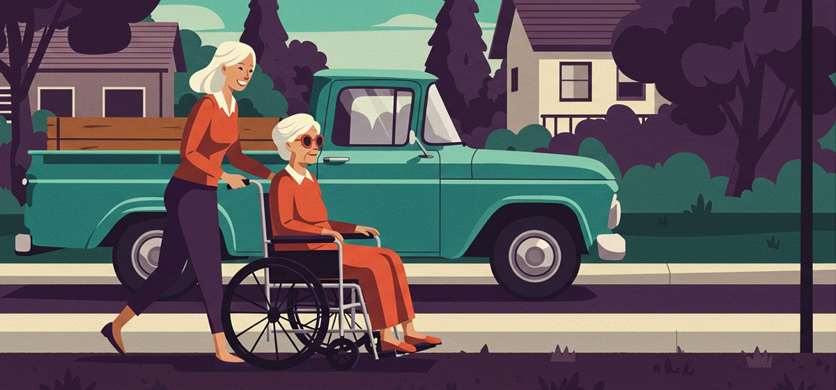 a woman pushing her mother in a wheelchair
