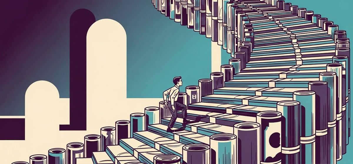 A man walking up a staircase