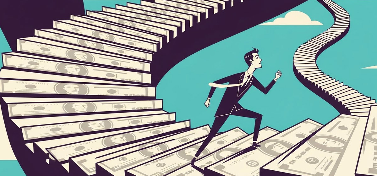 A man walking up a long staircase made out of dollar bills