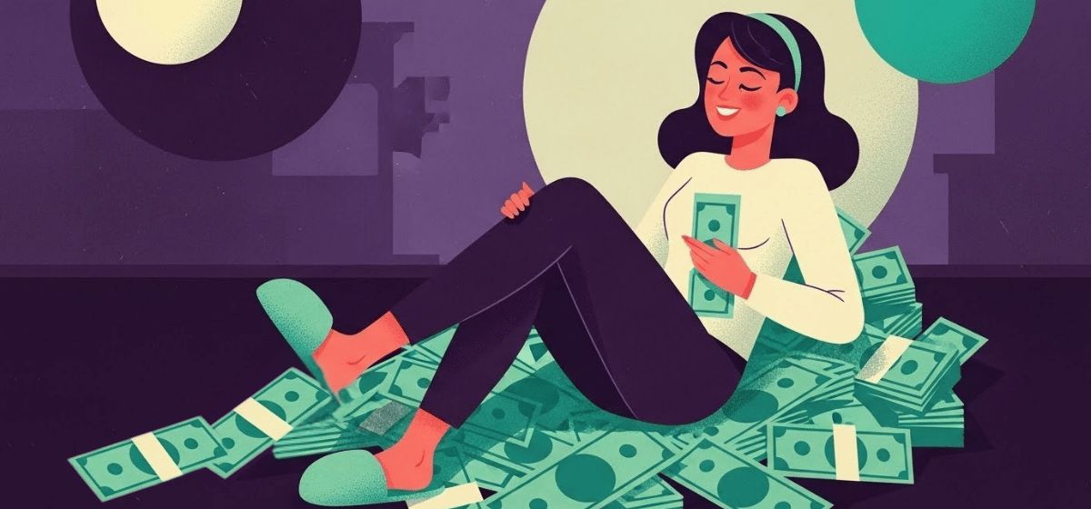 a woman relaxing on a pile of cash