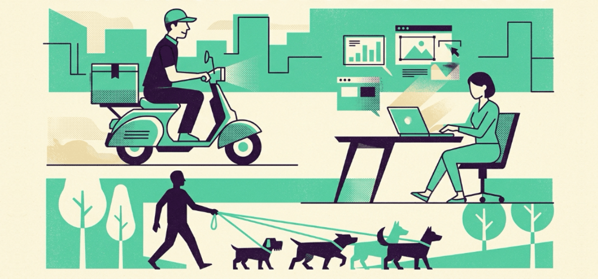 a trio of gig workers: food delivery, dog-walking, data entry