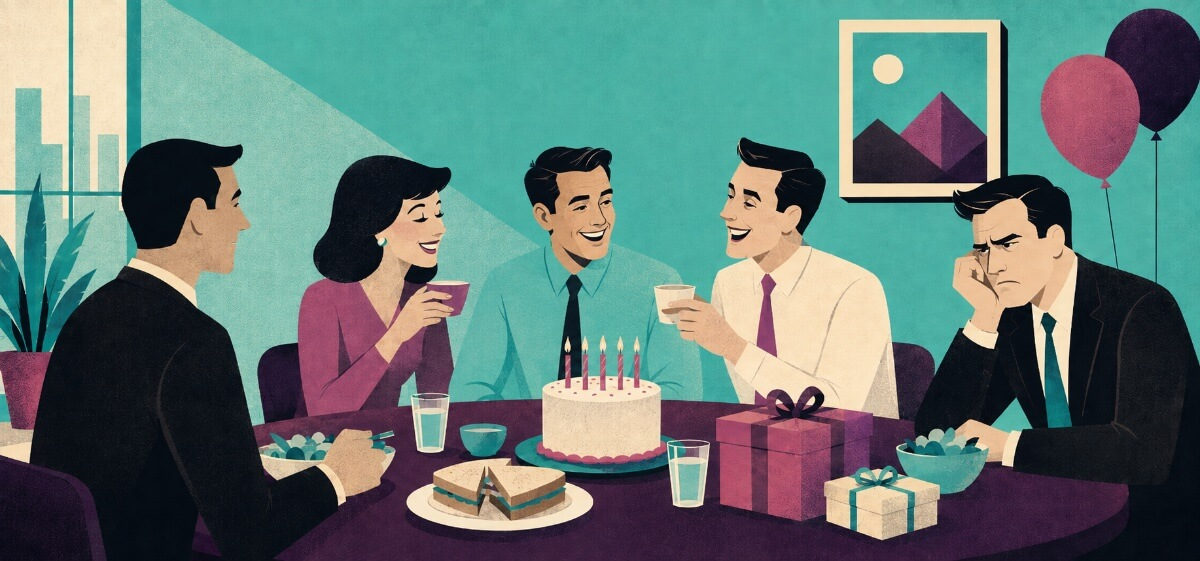 a group of coworkers enjoying a birthday lunch together, but there is one member of the party who has a look of frustration on his face