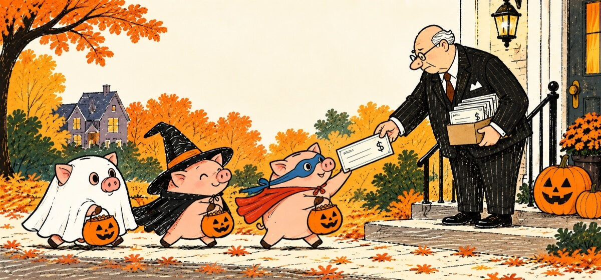 a stodgy businessman handing out settlement checks to piggy banks in Halloween costumes