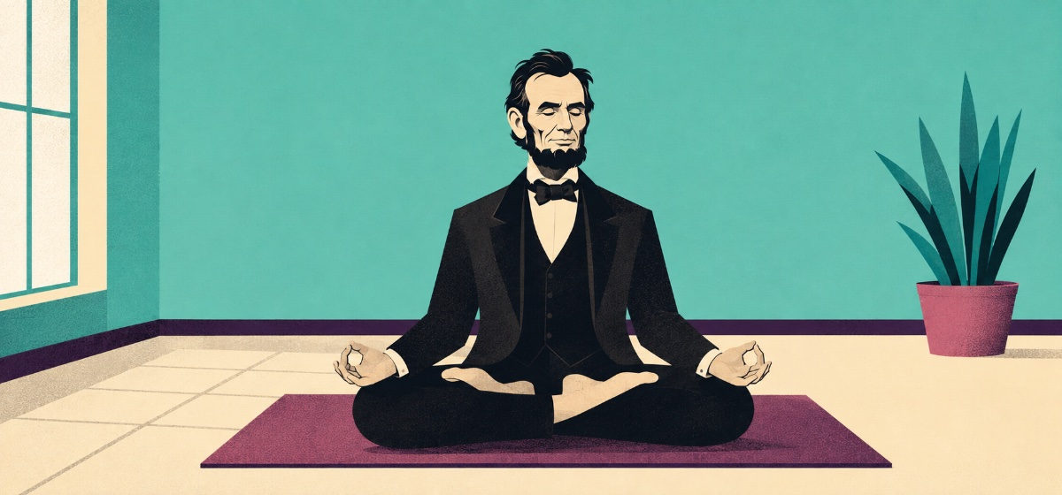Abe Lincoln in the lotus pose on a yoga mat in an empty studio