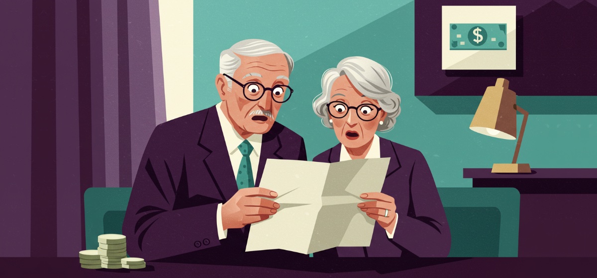 A senior couple looking distressed while looking at a billing statement