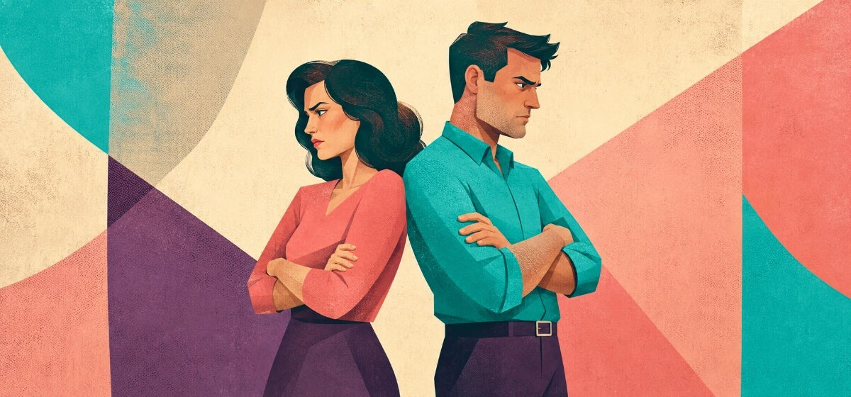 a frustrated couple standing back to back