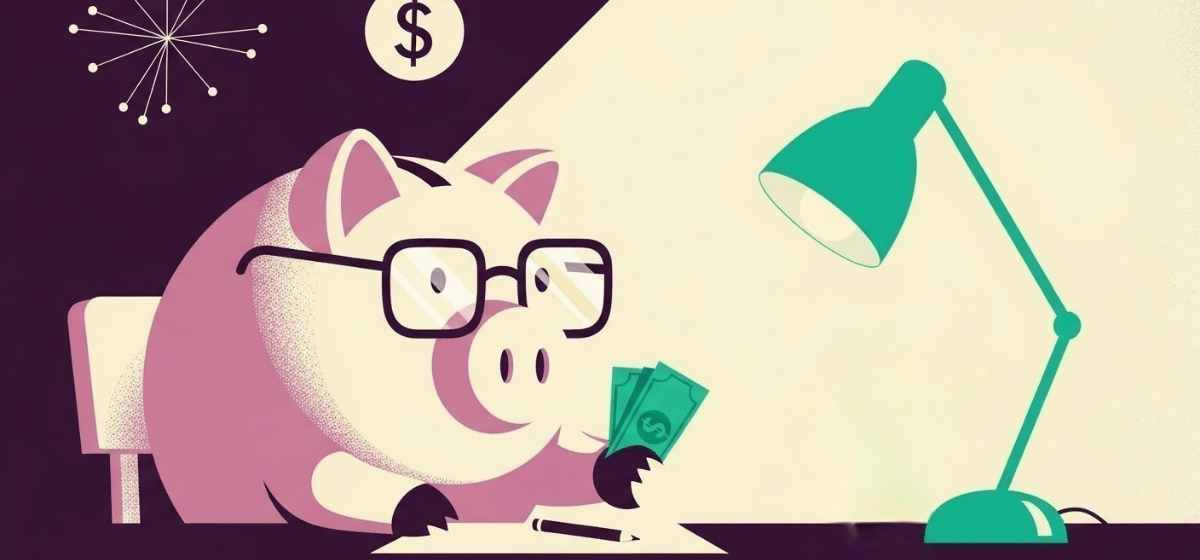 a piggy bank wearing glasses and counting dollars under a desk lamp
