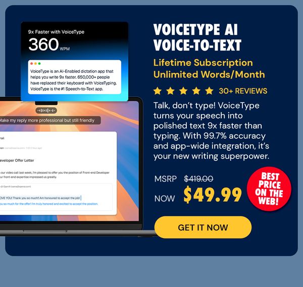 VoiceType AI Voice-to-Text: Lifetime Subscription (Unlimited Words/Month)