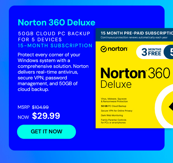 Norton 360 Deluxe: 50GB Cloud PC Backup for 5 Devices (15-Month Subscription)