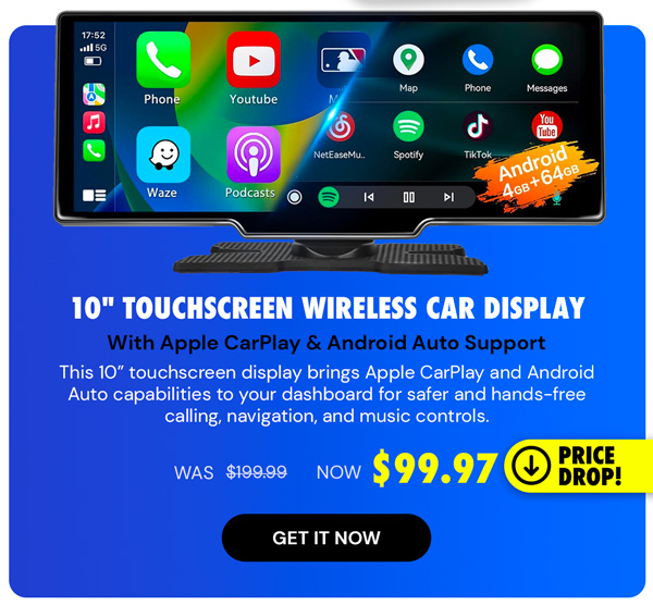 10" Touchscreen Wireless/WiFi/Bluetooth Car Display with Apple CarPlay and Android Auto Support