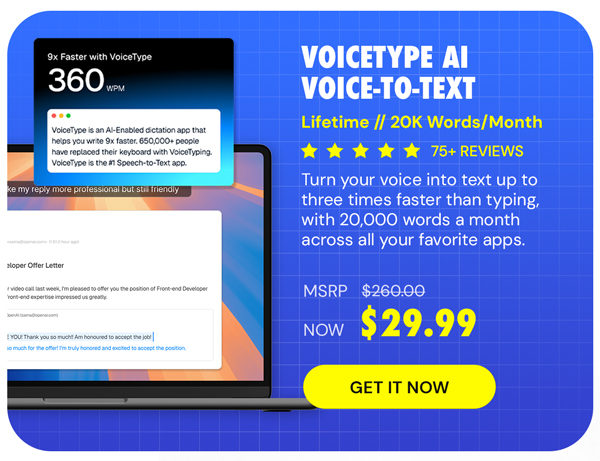 VoiceType AI Voice-to-Text: Lifetime Subscription (20K Words/Month)