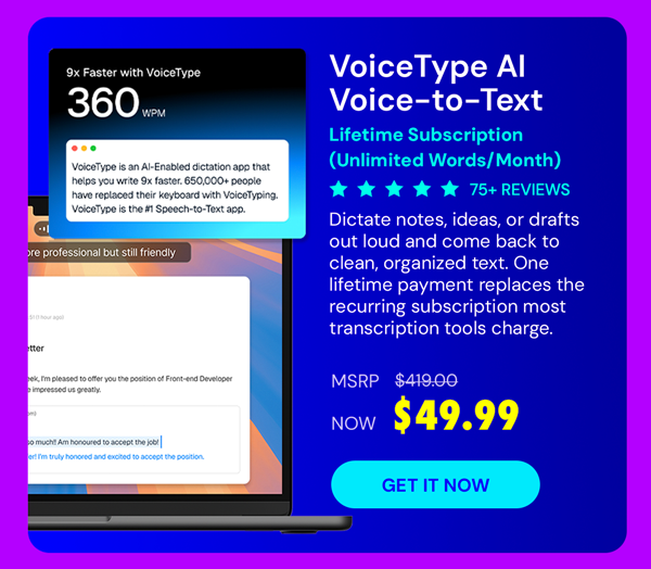 VoiceType AI Voice-to-Text: Lifetime Subscription (Unlimited Words/Month)
