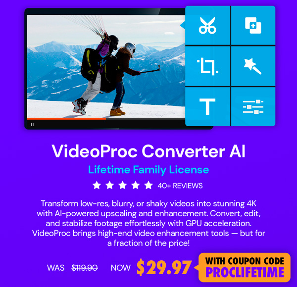 VideoProc Converter AI: Lifetime Family License For Windows or Mac