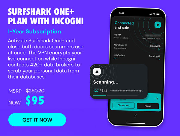 Surfshark One+ Plan with Incogni: 1-Year VPN, Antivirus & Personal Data Removal