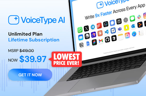 VoiceType AI Voice-to-Text: Lifetime Subscription (Unlimited Words/Month)