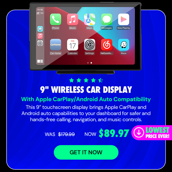 9" Wireless Car Display with Apple CarPlay/Android Auto Compatibility & Phone Mirroring