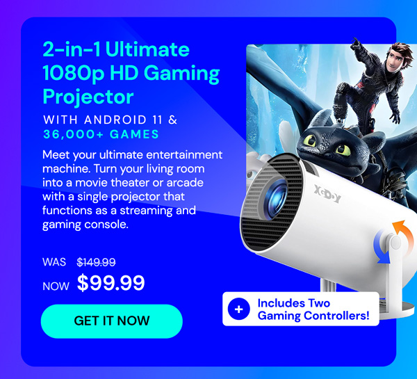 2-in-1 Ultimate 1080p HD Gaming Projector with Android 11, 2 Controllers & 36,000+ Games