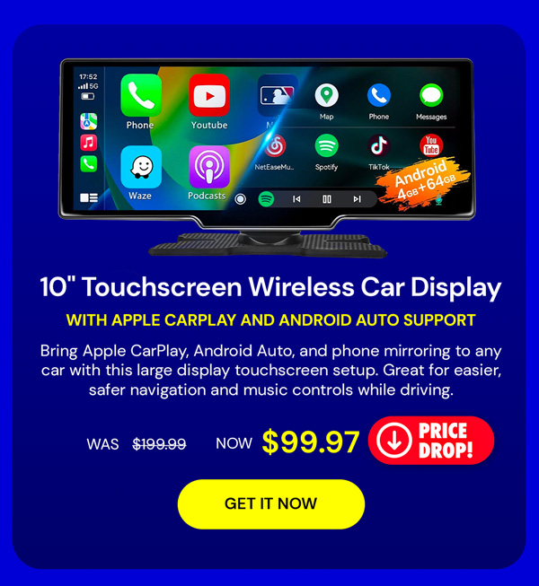 10" Touchscreen Wireless/WiFi/Bluetooth Car Display with Apple CarPlay and Android Auto Support